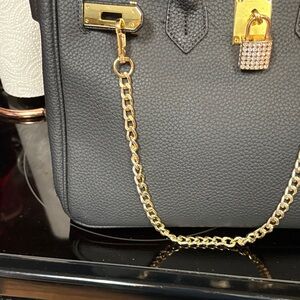 Black Pebbled Satchel with Gold Chain and Padlock Accent